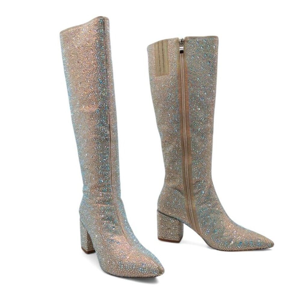 Wetkiss Women's Size 7 Iridescent Crystal Rhinestone Chunky Heel Knee High Boots - Picture 10 of 16
